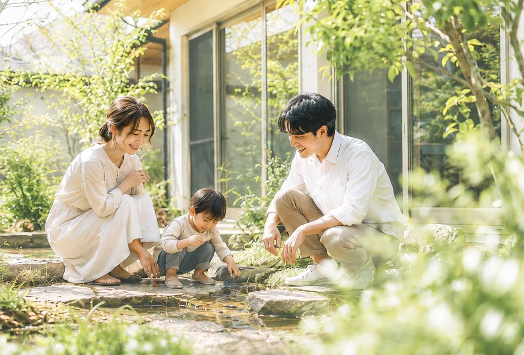 新緑が美しい芝生の庭で、子供たちが泥んこになりながら元気に駆け回り、それを見守る家族のイメージ写真