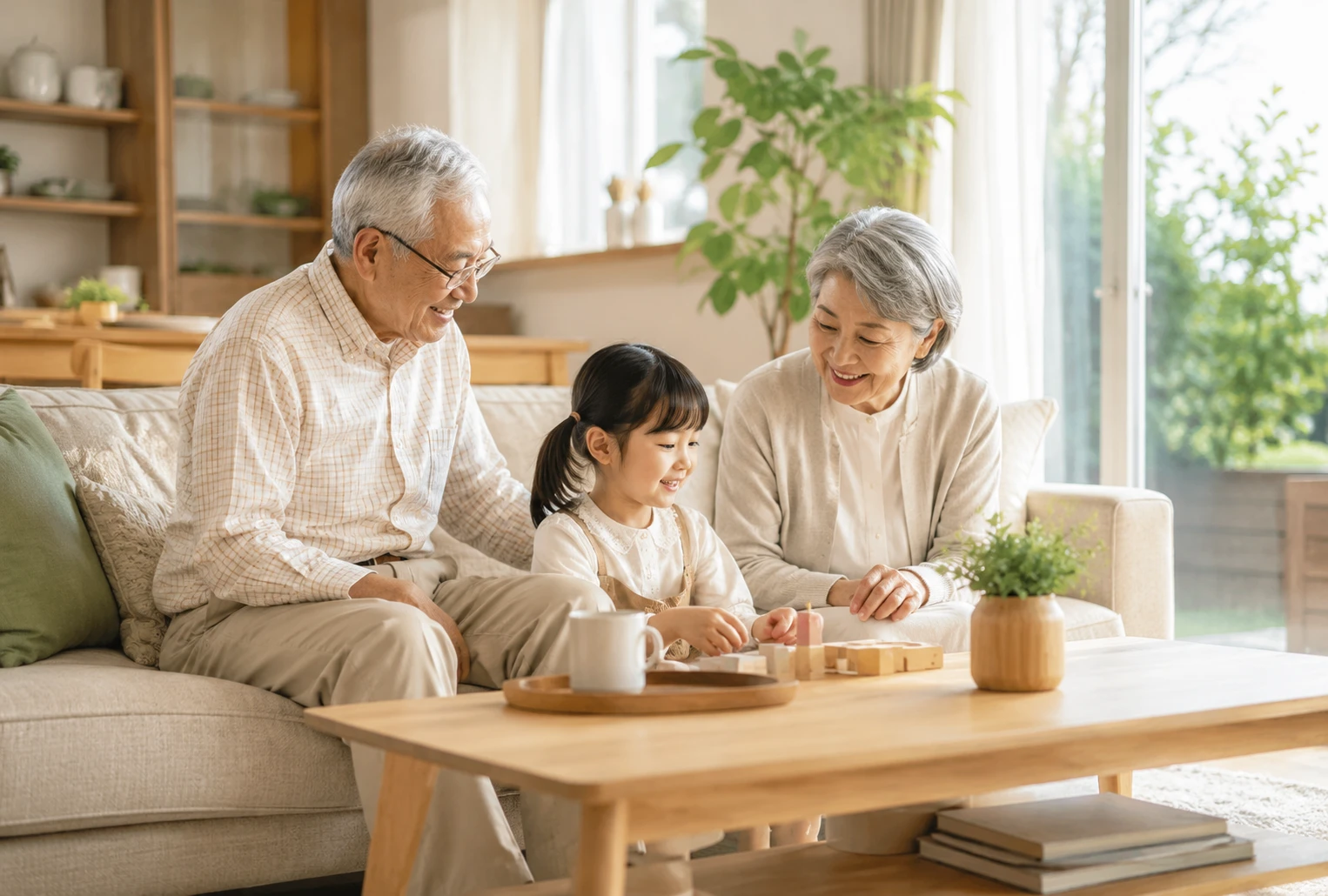世代を超えた家族がリビングで過ごしている様子